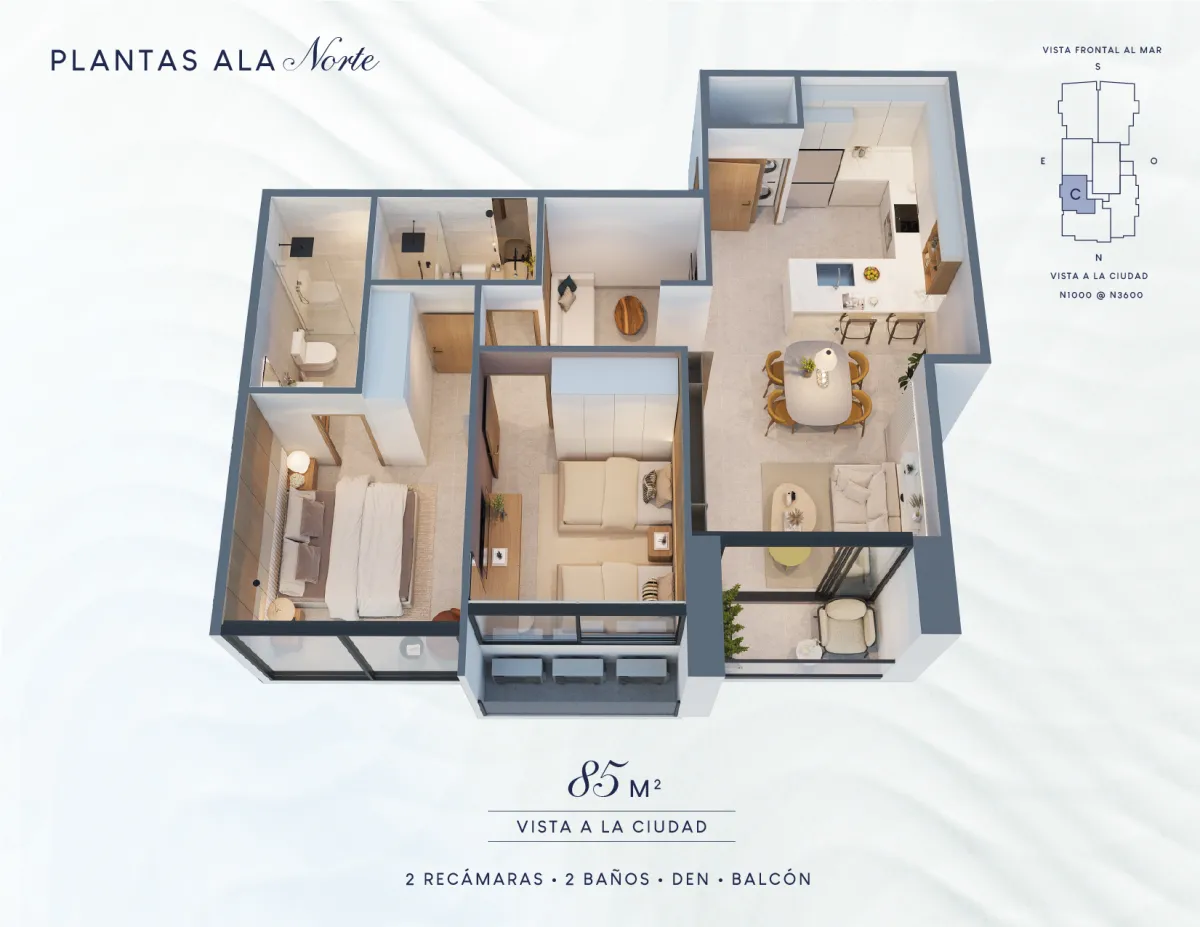 Costanera Aqua T200, North Wing, 85.5 m² to 90.7 m², 2 Bedrooms + Den, City View