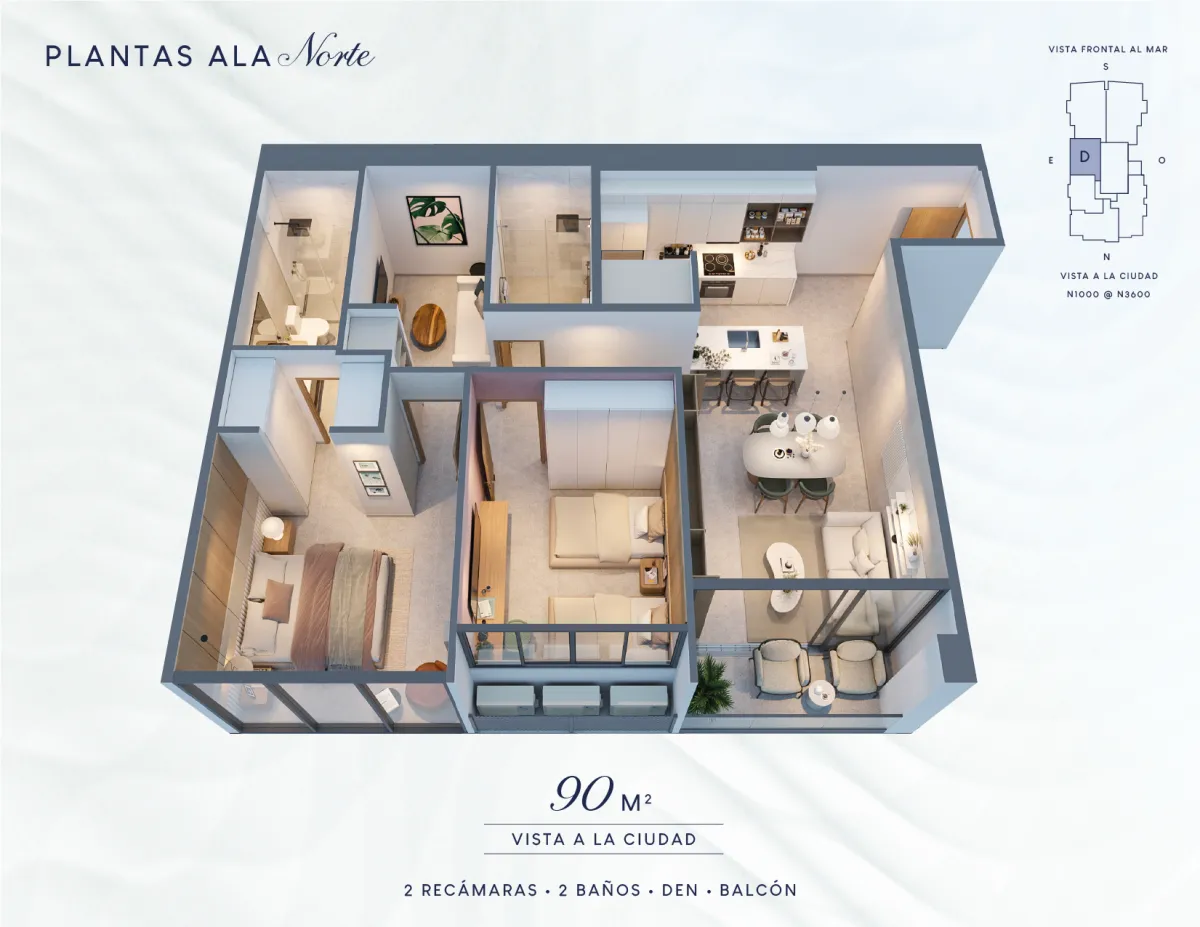 Costanera Aqua T200, North Wing, 85.5 m² to 90.7 m², 2 Bedrooms + Den, City View