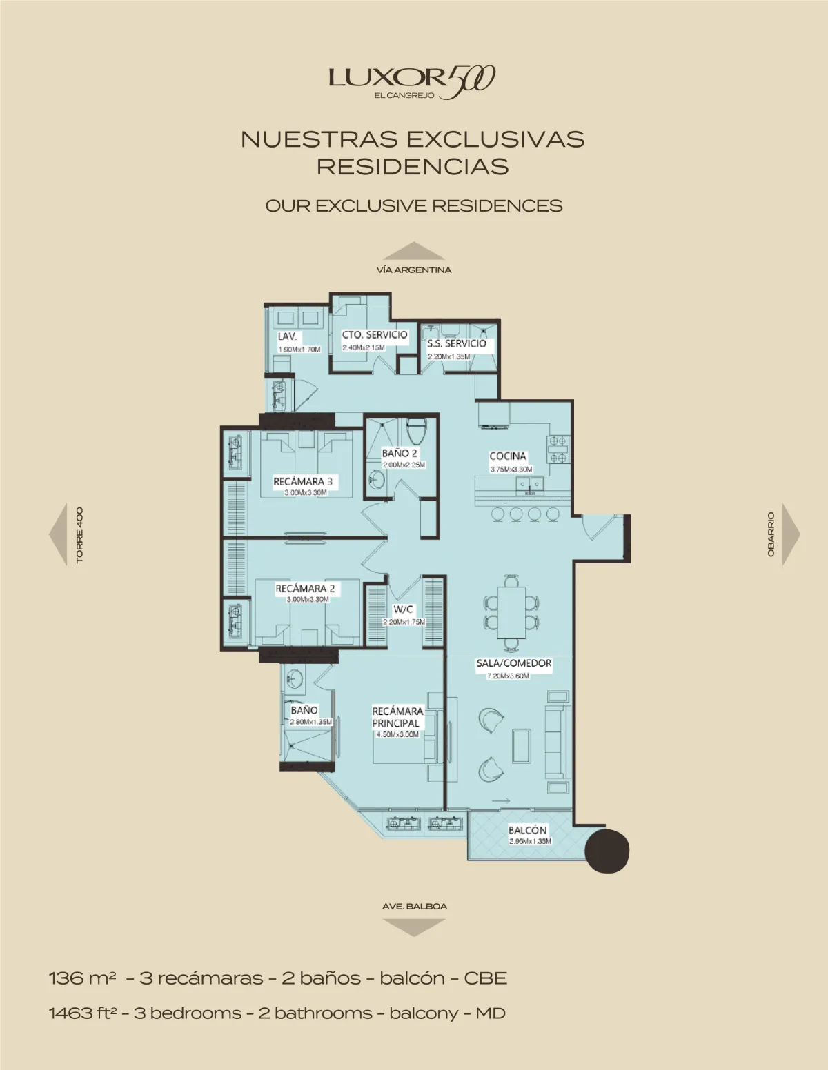 Spectacular Family Apartment in Luxor 500 El Cangrejo, 136 m² to 146 m², 3 Bedrooms + Maid's Quarters